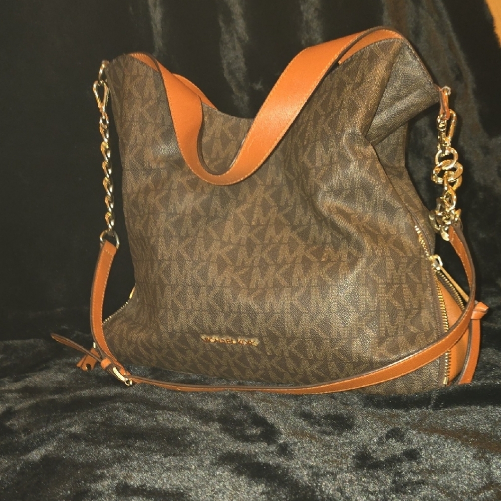 Michael Kors Brown Monogram Shoulder Bag with Gold Chain